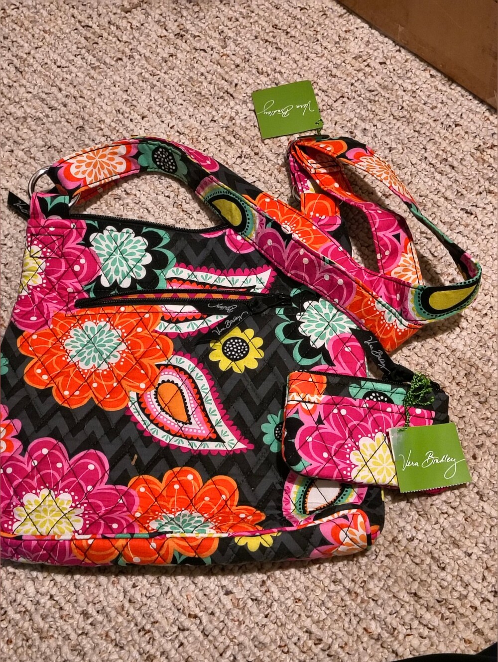 Vera Bradley Black Quilted Crossbody with Pink & Orange Floral Print